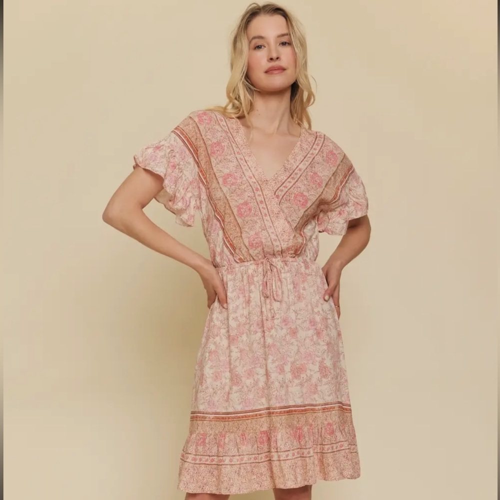 81. Floral Boho Dress Ruffled Sleeve & Hem Blush Pink Beige